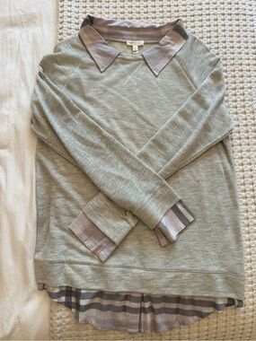 Soft Joie Layered Gray Knit Top with Plaid Trim